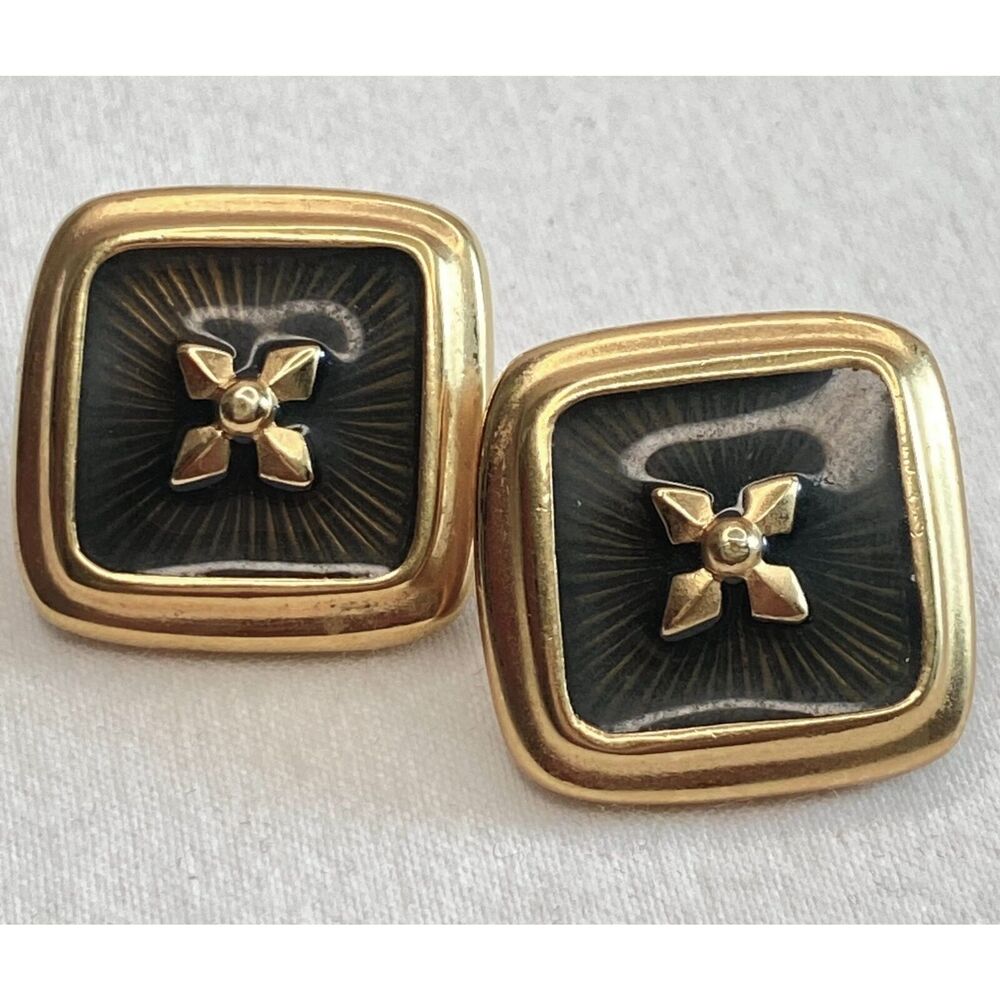 💎Liz Claiborne Stud Earrings Jet Black Enamel Over Gold Tone Squares